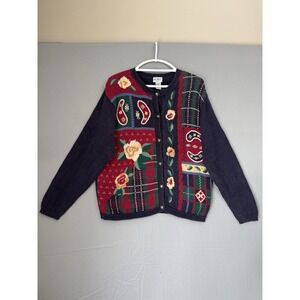 Vintage Koret Floral Knit Button Down Sweater Women's Large L Paisley Red Blue